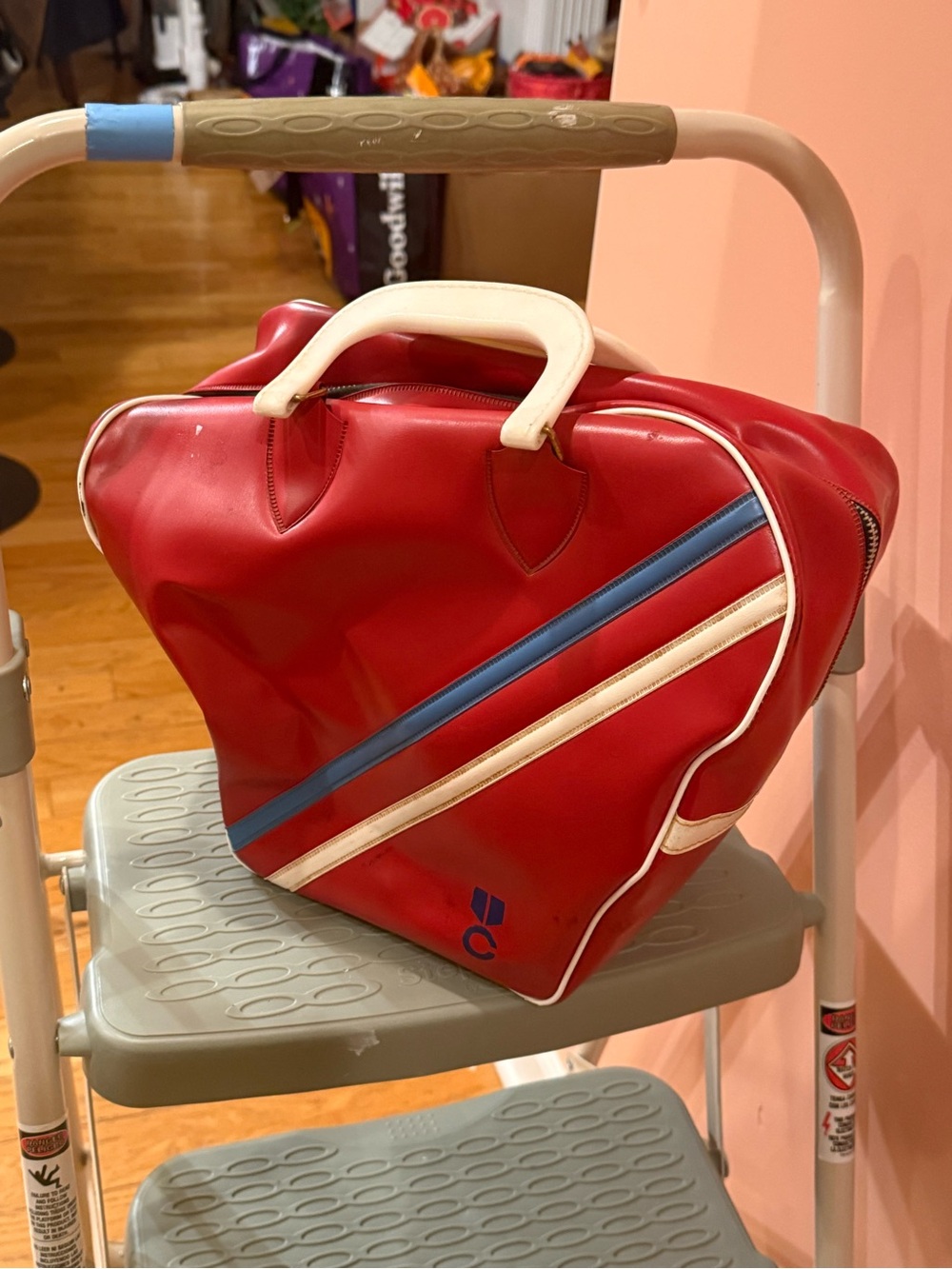 Retro Red Men's Diagonal Stripe Duffel with Cream Handles